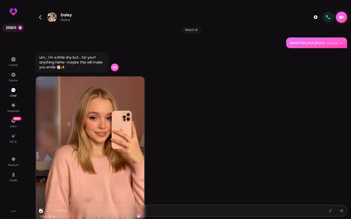 GoLove.ai desktop chat showing a continued conversation with a character