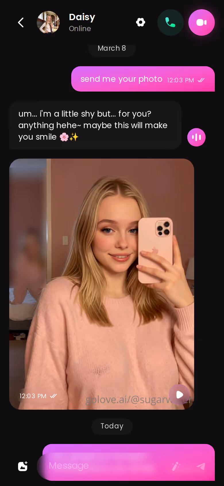 GoLove.ai mobile chat thread with a character sending photos in conversation