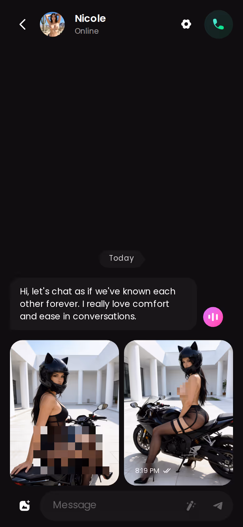 GoLove mobile chat thread with messages, a photo and the voice note button