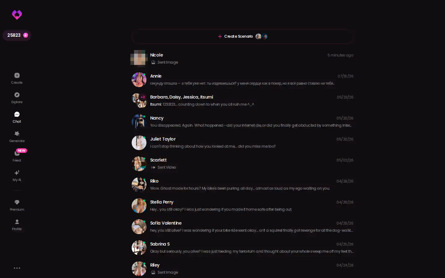GoLove.ai chats inbox listing every ongoing companion conversation