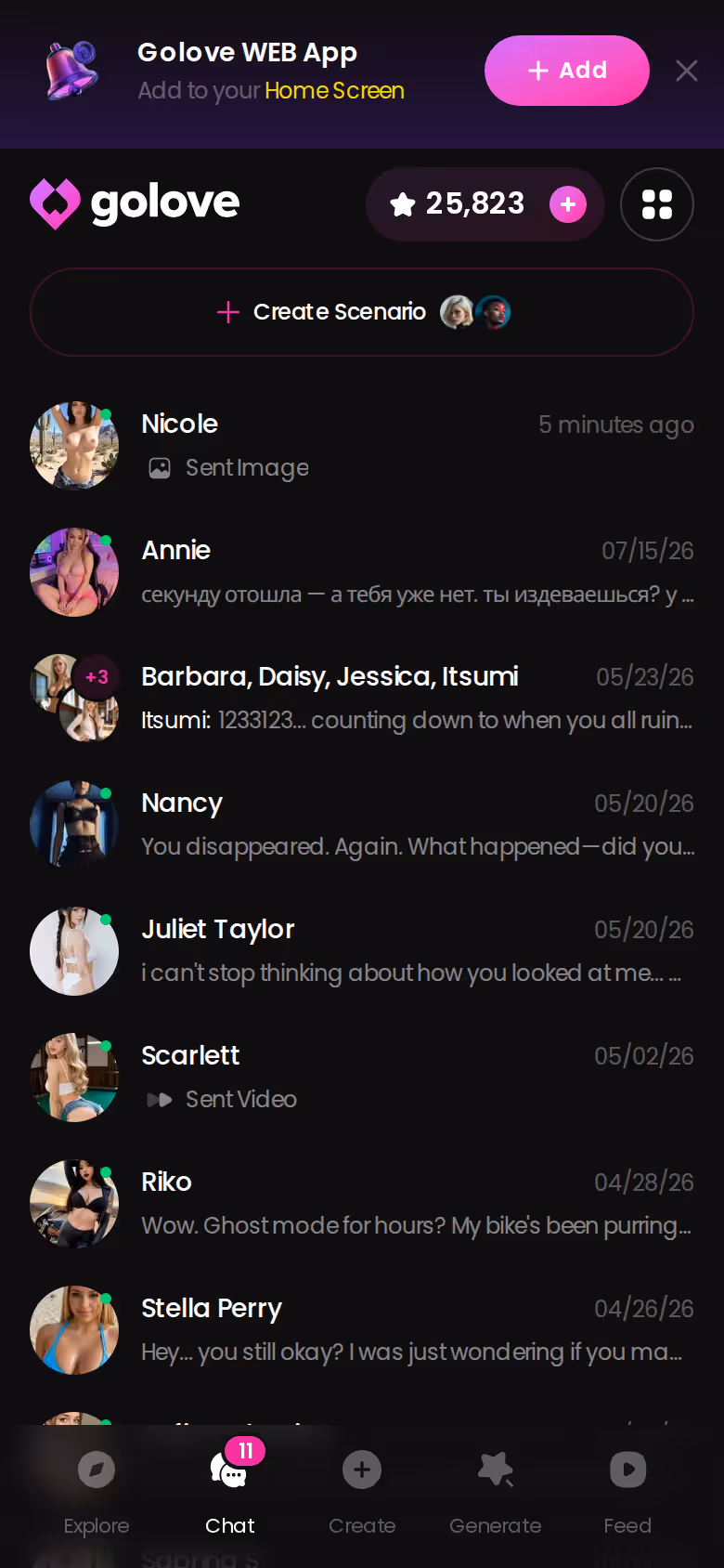 GoLove mobile Chats list showing a persistent roster of characters