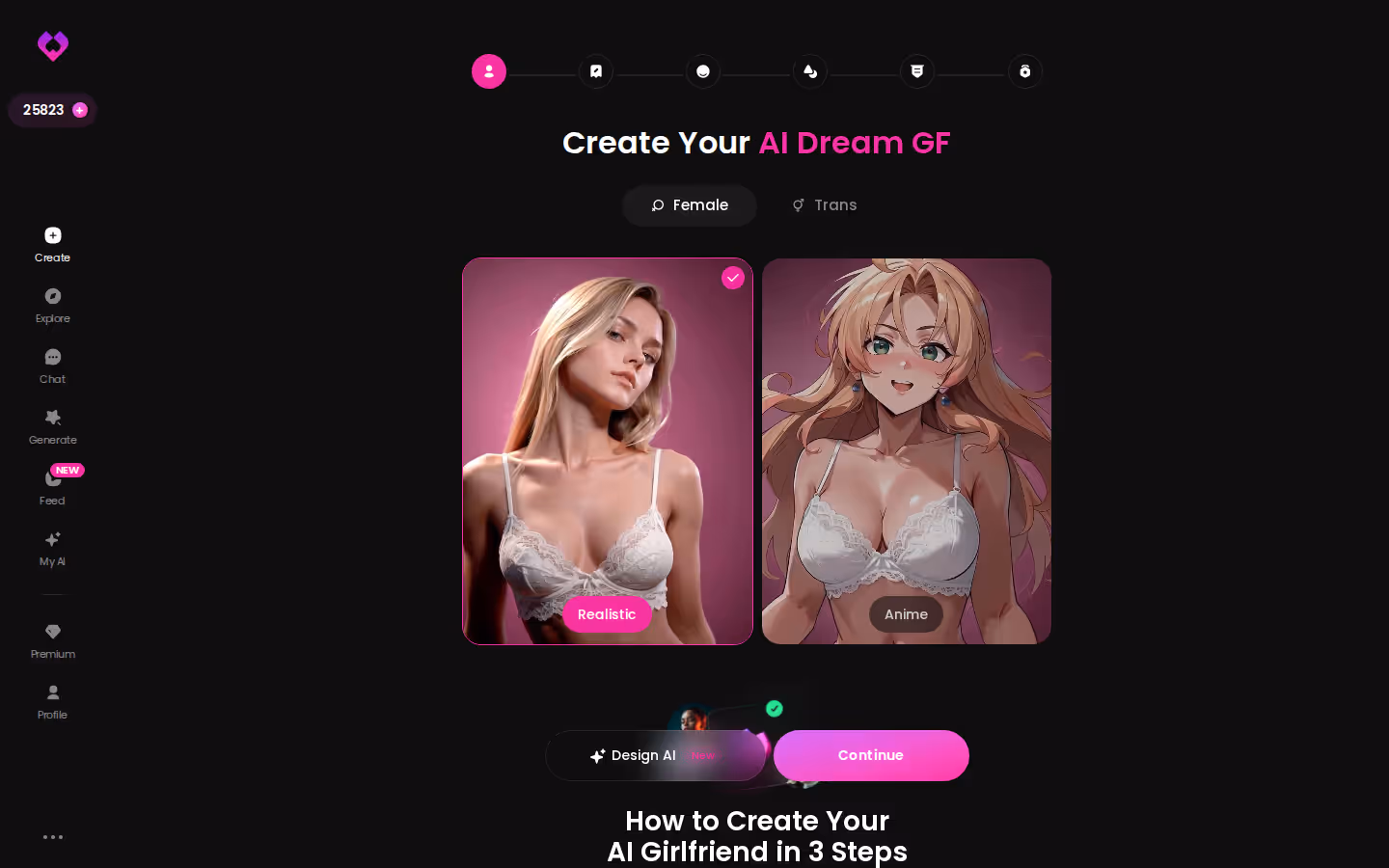 GoLove.ai create wizard with Female/Trans toggle and Realistic or Anime cards