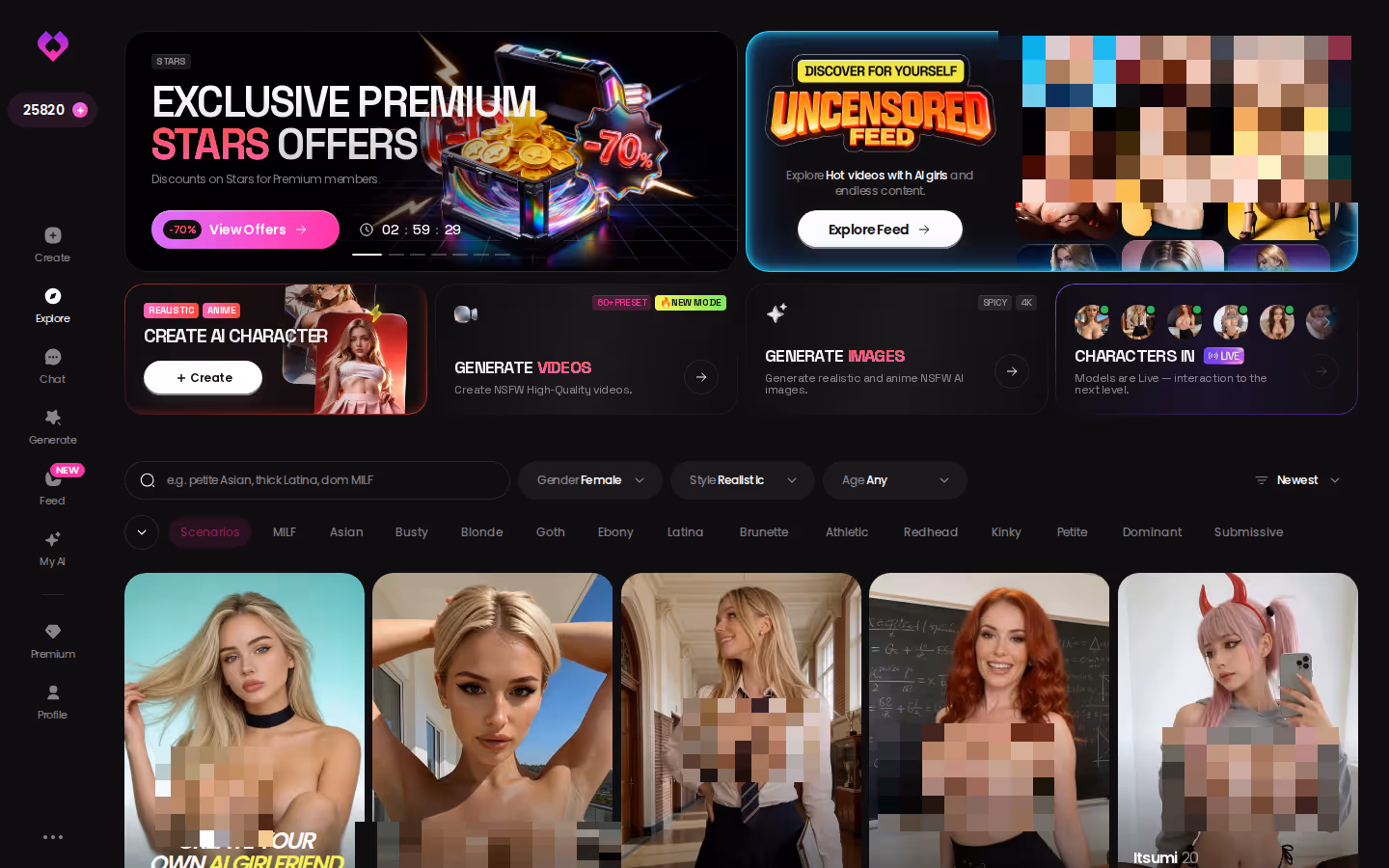 GoLove.ai Explore grid of realistic characters with tag filters