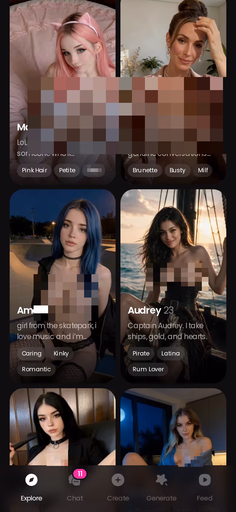 GoLove.ai Explore page on mobile showing realistic AI girlfriend characters ready to chat
