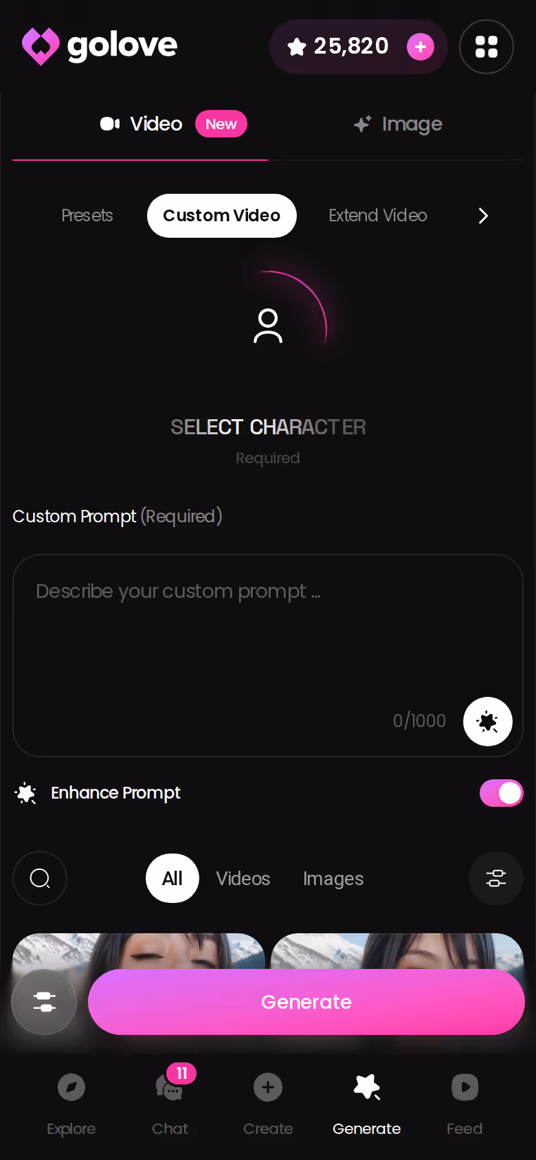 GoLove custom video generator on mobile: pick action, clothes, background, generate