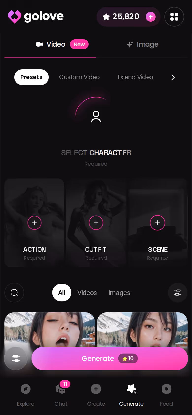 GoLove Generate hub on mobile showing the video and image mode set a plan unlocks